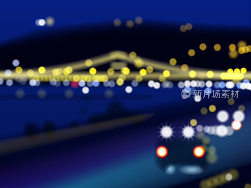 Night city vector background. Blurred lights, traffic and illuminated bridge